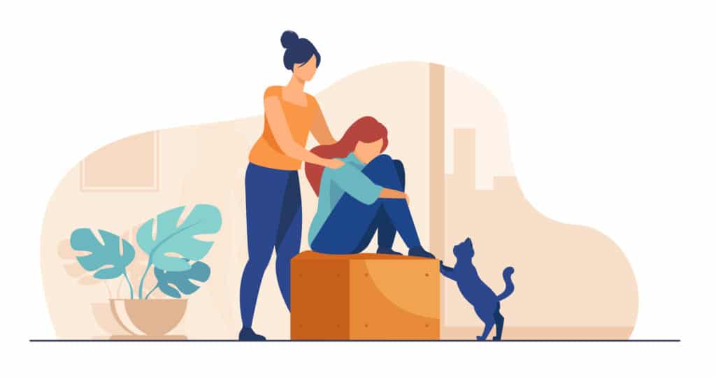 Femme qui apporte soutien et empathie à une amie, en gardant les paumes de ses mains sur son épaule. Fille ressentant du stress, de la solitude, de l'anxiété.