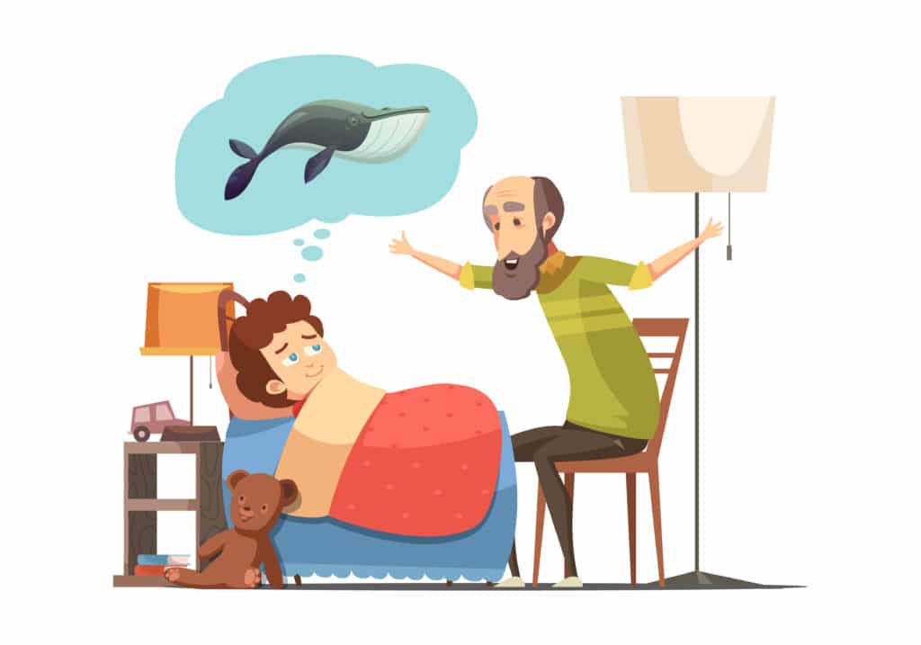 comment être interessant? Vieux monsieur racontant une histoire à son petit fils